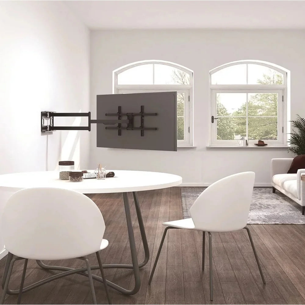 SH-1015P extra long single arm full-motion TV wall mount with TV extended in dining room setting