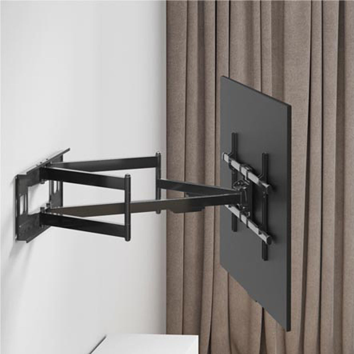 SH-1016P heavy-duty full-motion TV wall mount installed with a TV against a curtained wall