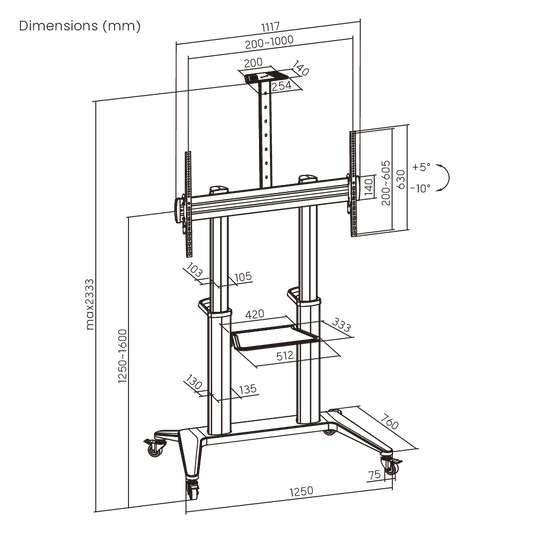 VSYS VTLX12-610TW-B aluminum TV cart dimensions diagram