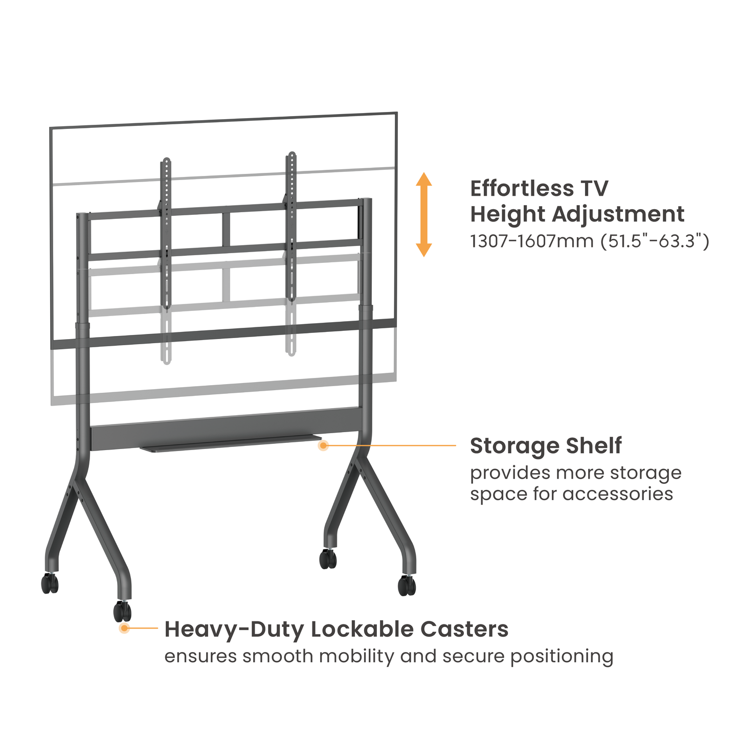 VSYS VTLX16M-612FW motorized height adjustment, storage shelf, and lockable casters features