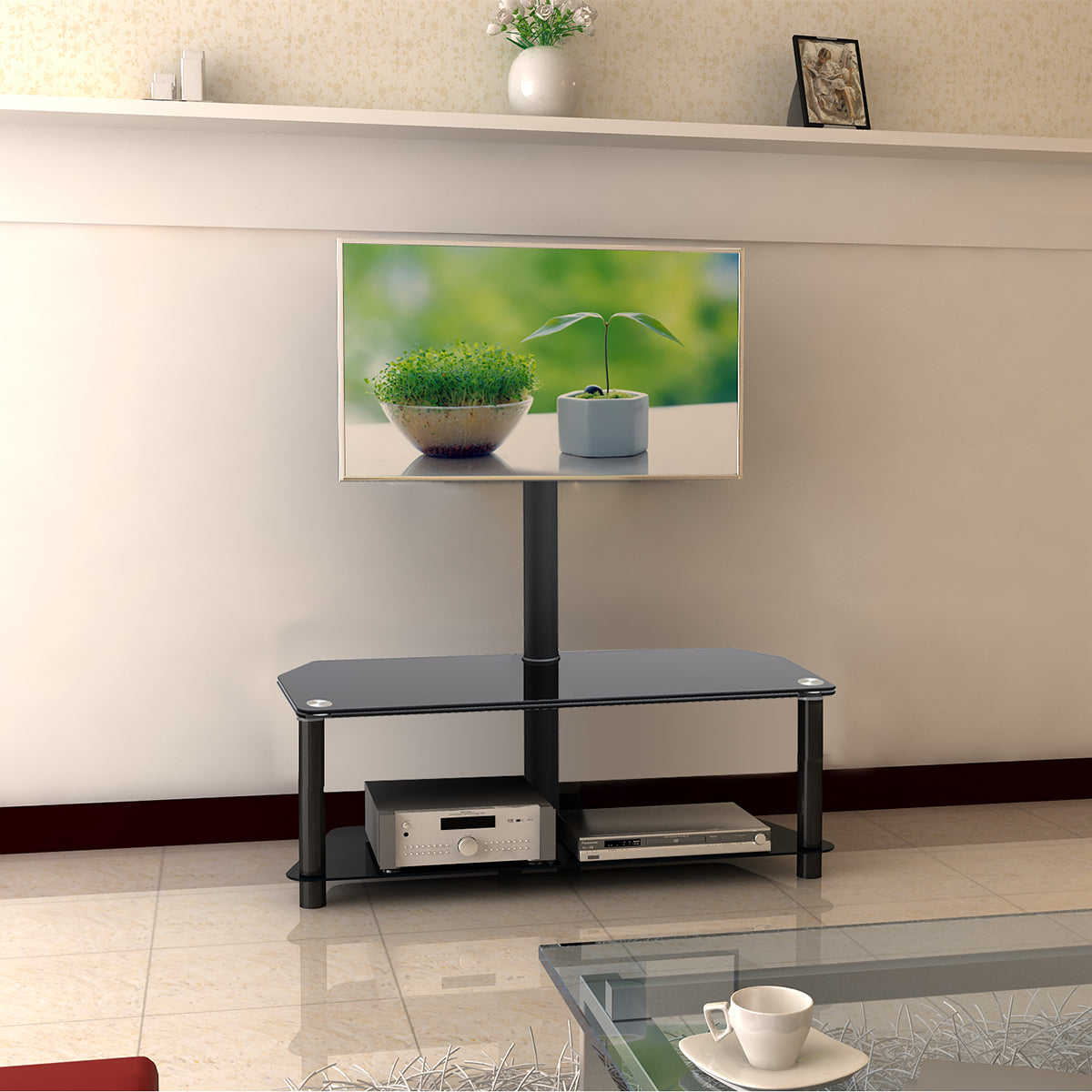 SH-124FS 2-tier corner glass media console with TV mounted in living room setting