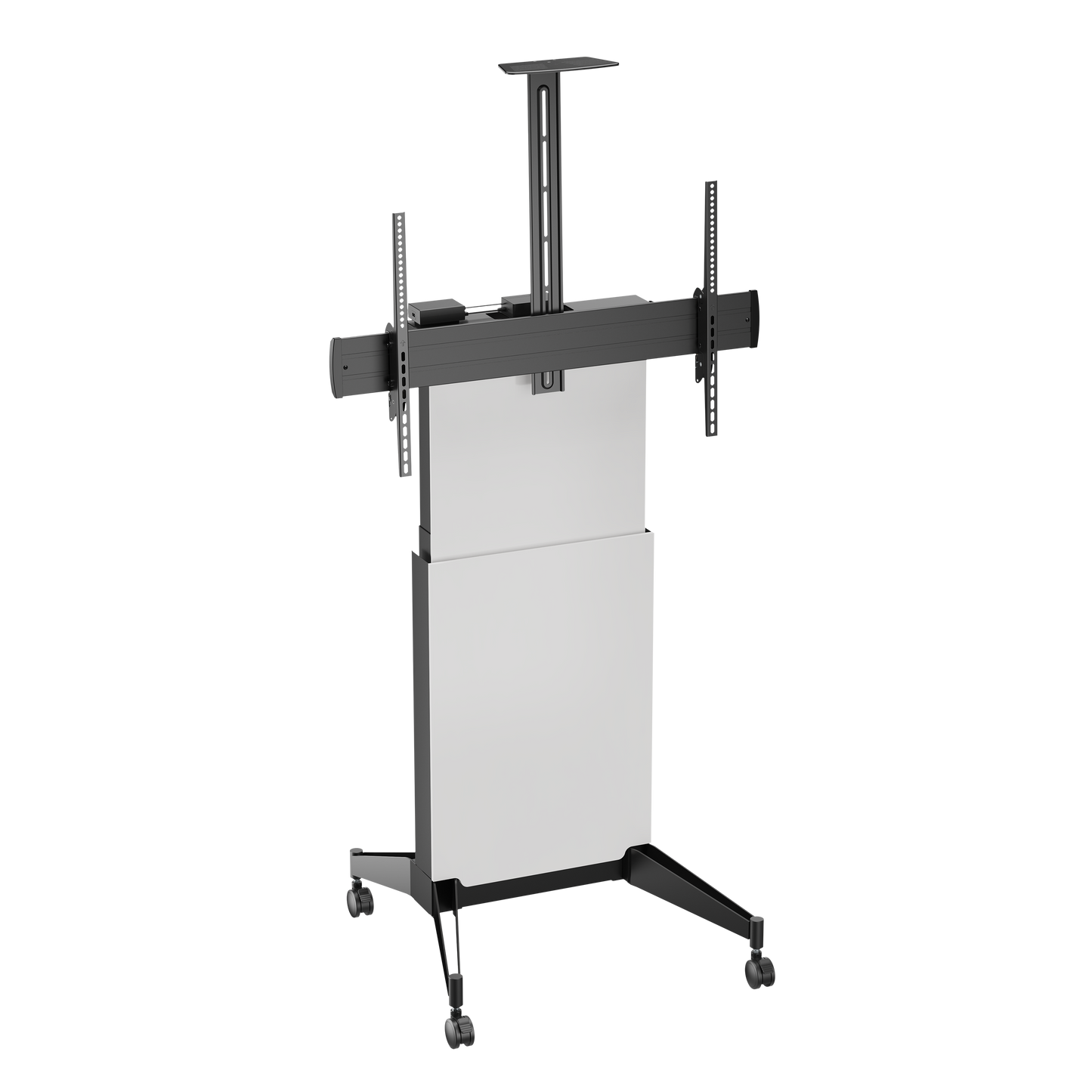 VSYS VTL18H-610TW motorized height-adjustable TV cart design, front view (shared design photo, black-and-white finish shown)