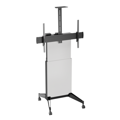 VSYS VTL18H-610TW motorized height-adjustable TV cart design, front view (shared design photo, black-and-white finish shown)