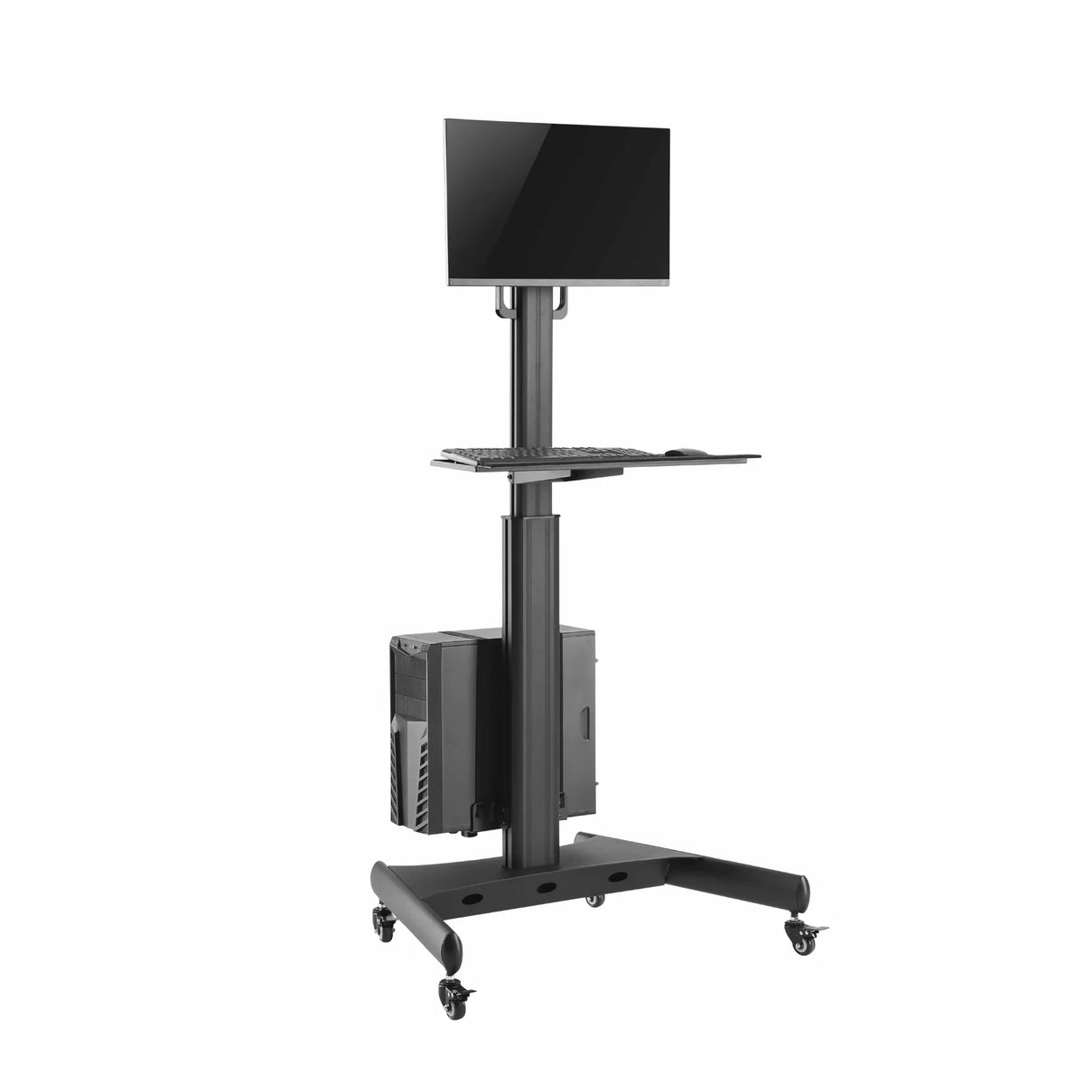 SH-MW01FS sit-stand mobile workstation with monitor and CPU holder mounted