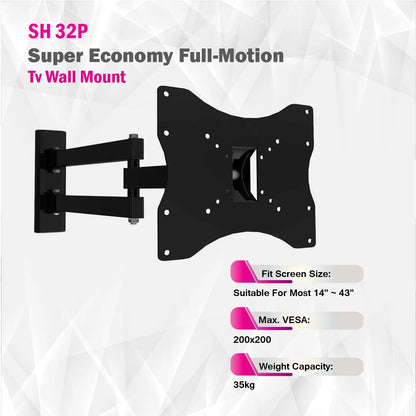 SH-32P super economy full-motion TV wall mount, extended angle view