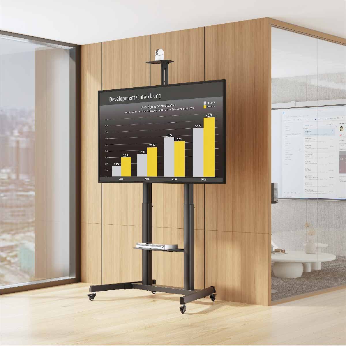SH-666TB telescopic steel TV cart with camera and display in boardroom setting