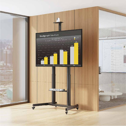 SH-666TB telescopic steel TV cart with camera and display in boardroom setting