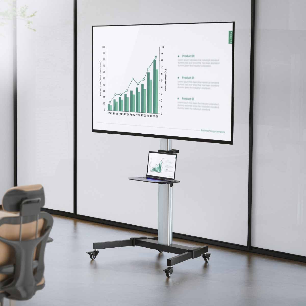 SH-4486FS aluminum TV cart with laptop and display in office setting