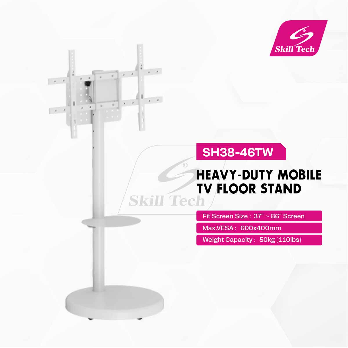 SH38-46TW heavy-duty mobile TV floor stand with display in living room setting