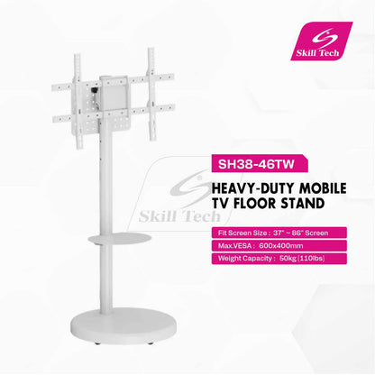 SH38-46TW heavy-duty mobile TV floor stand with display in living room setting