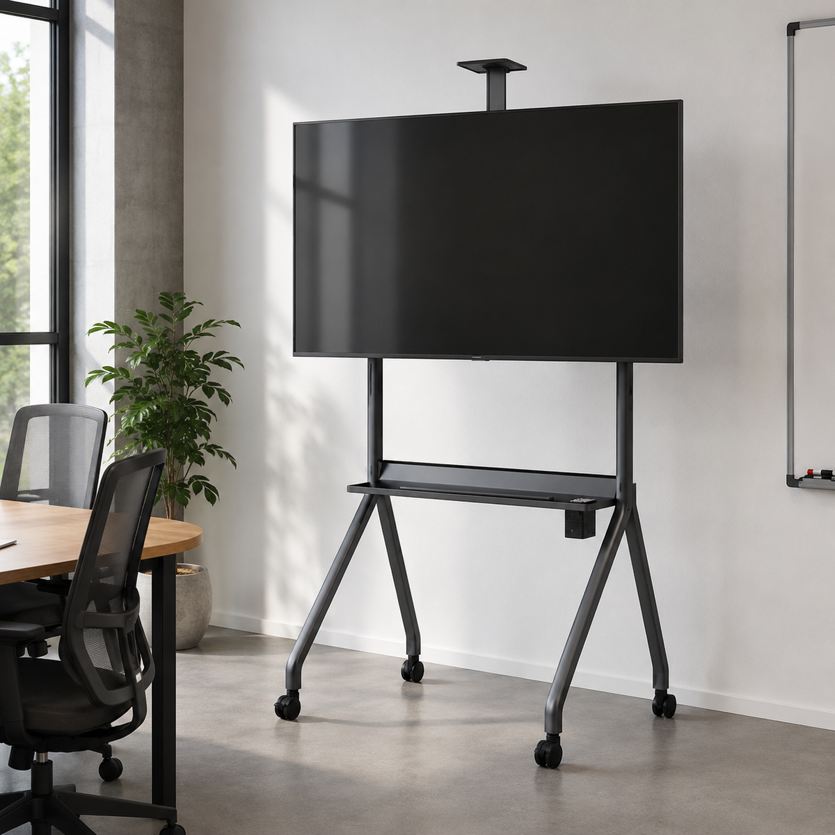 DG-115B-FS mobile TV stand in use with a large display in an office meeting room