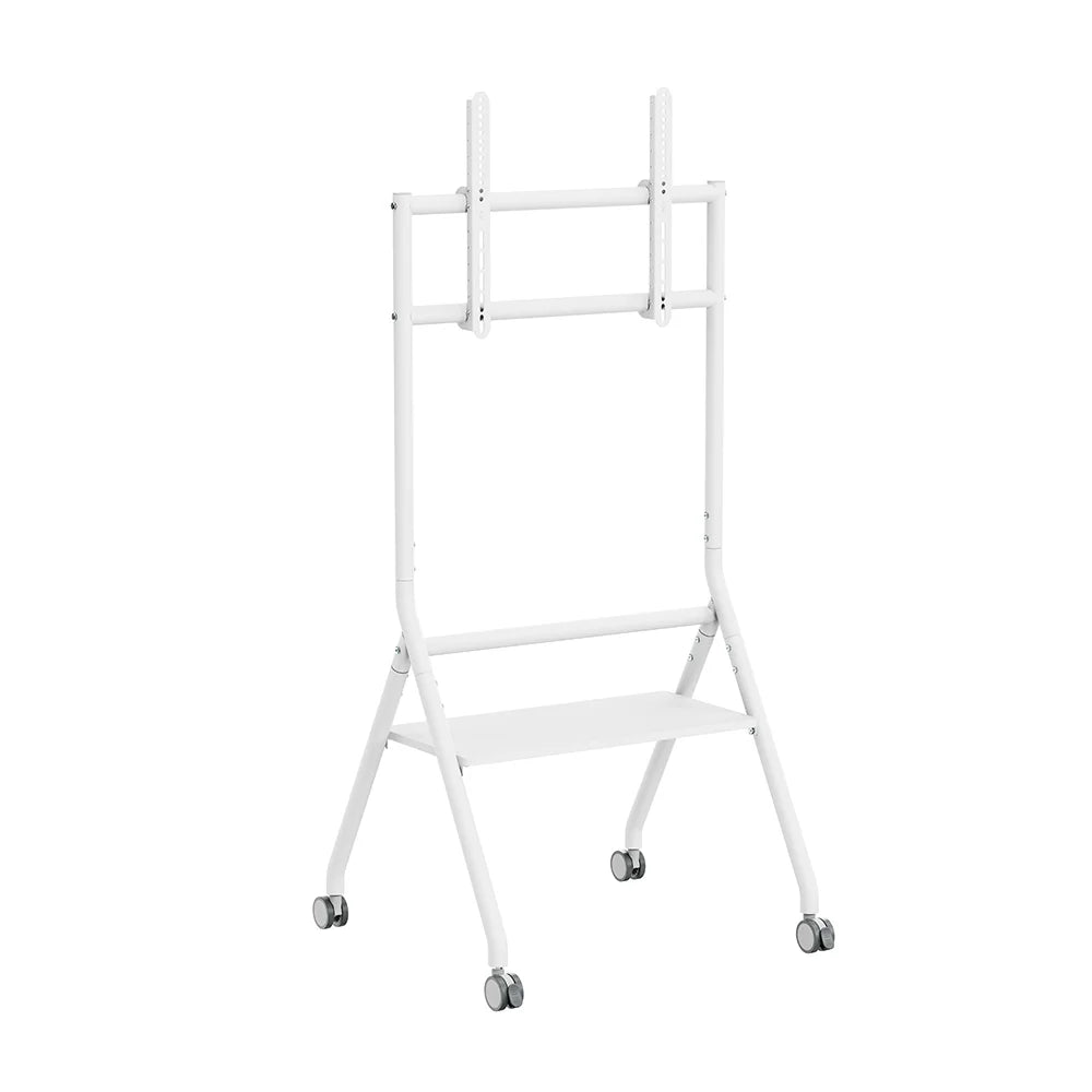 SH-116FS-W minimalist heavy-duty studio TV cart, white, angled view