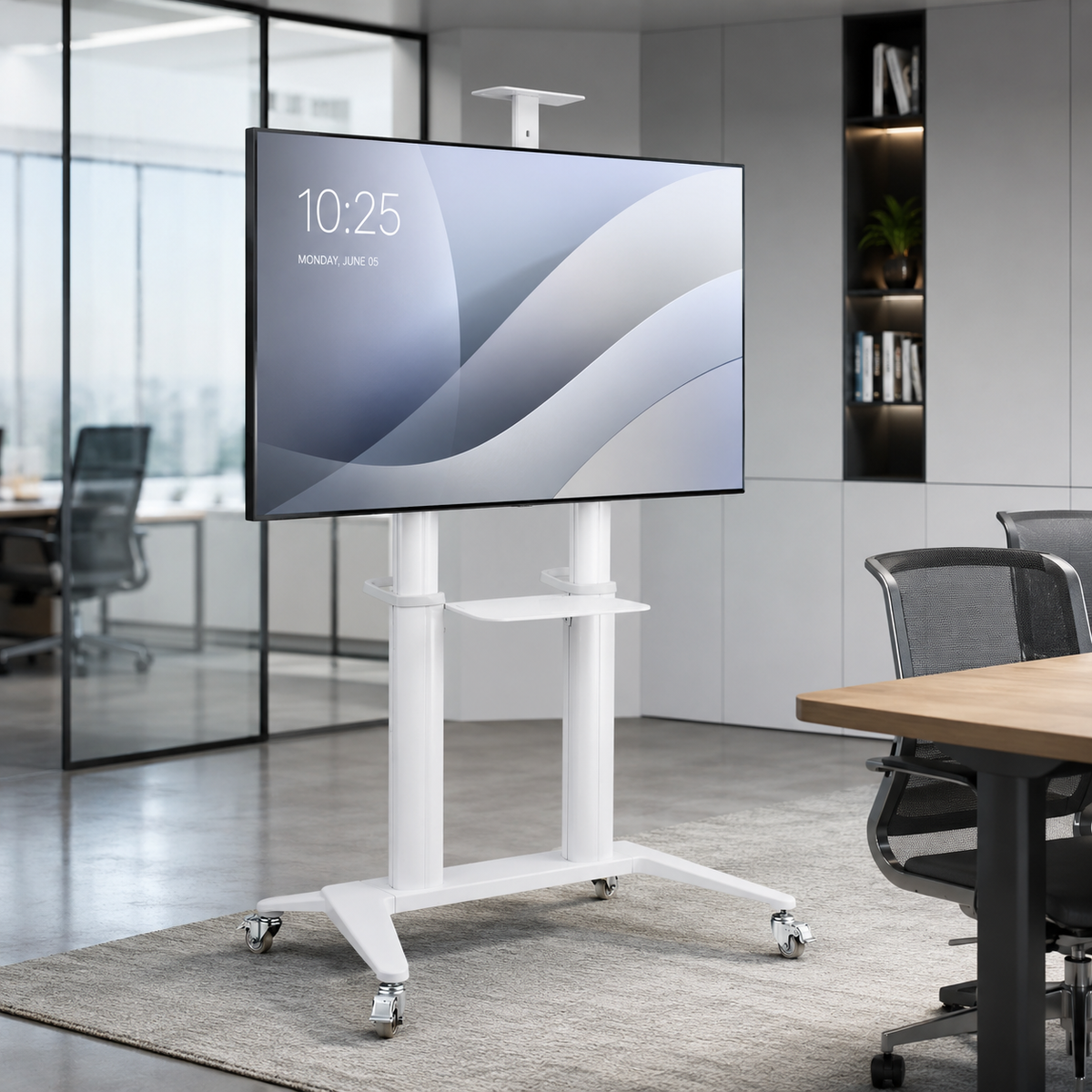 SH1900-120W gloss white large screen aluminum TV cart with large display in boardroom