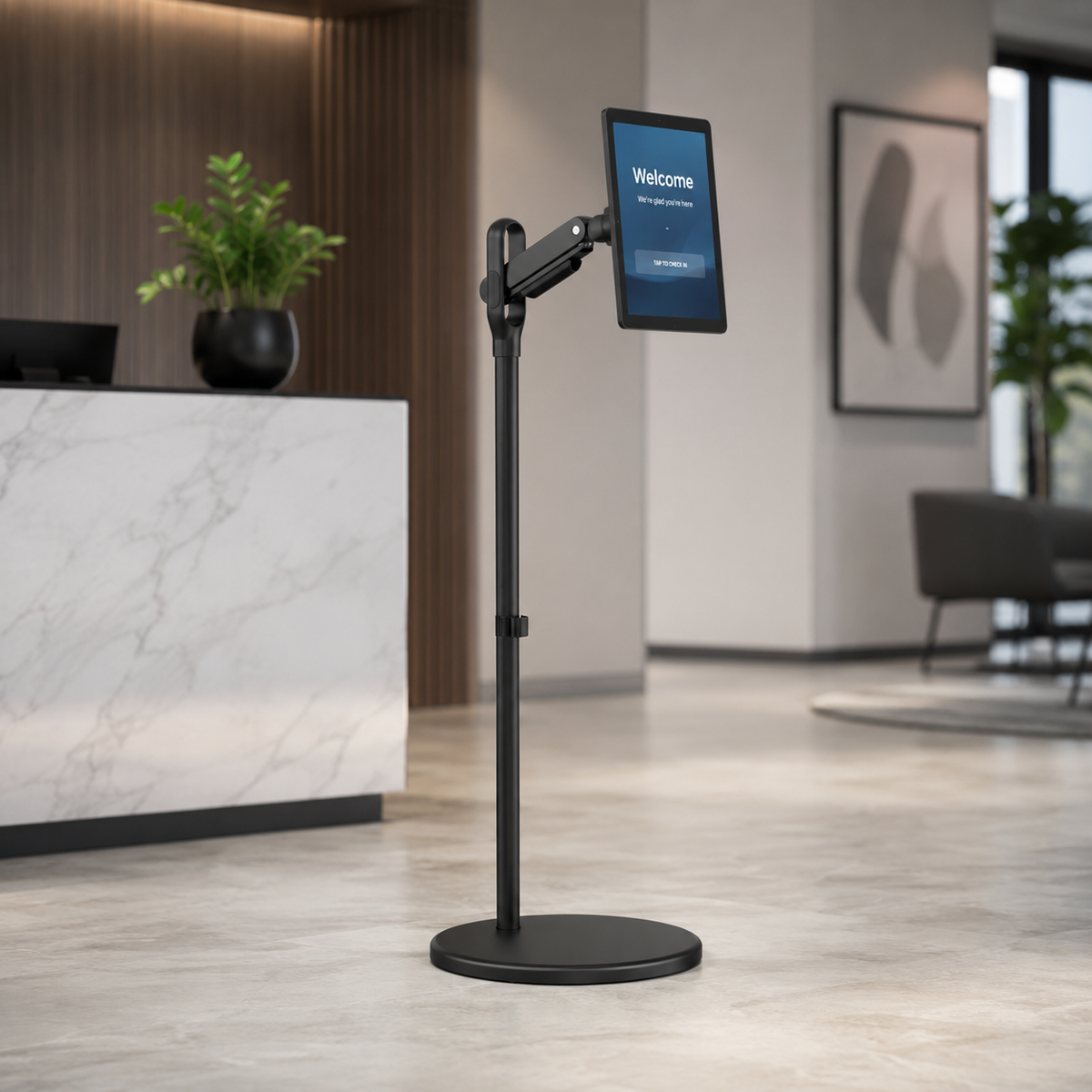SH38-11TB-FS mobile spring-assisted display floor stand in reception setting