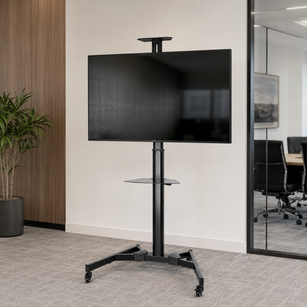 SH-0370FS TV cart in use with a display in an office setting