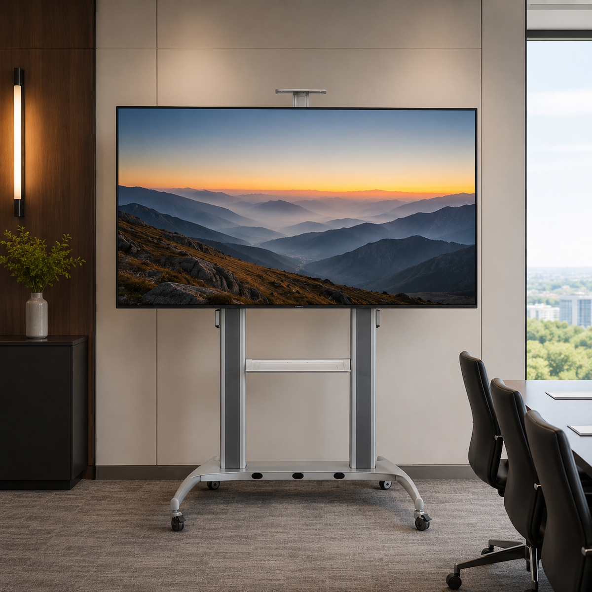 SH-1800-100W TV stand in use with a large display in a boardroom