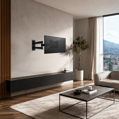 SH-32P super economy full-motion TV wall mount with TV mounted in living room setting