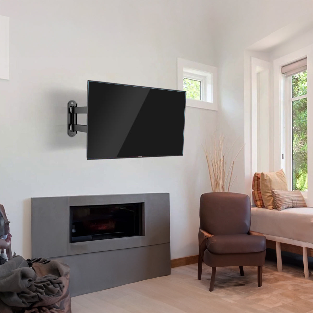 SH-34P super economy full-motion TV wall mount with TV mounted above fireplace