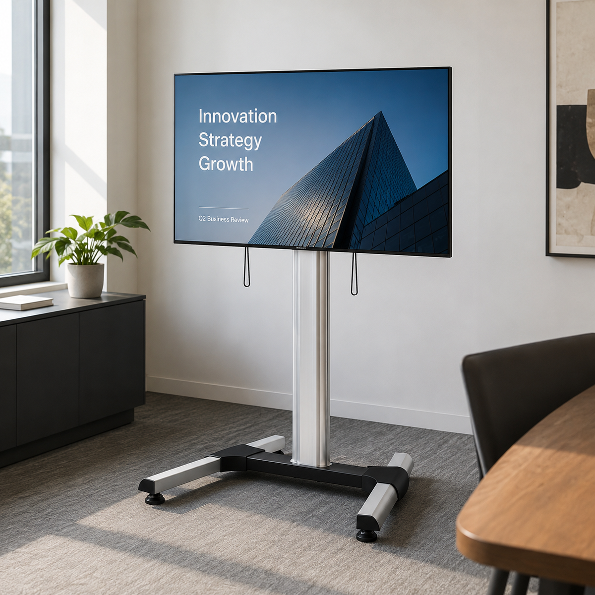 SH-64TFS heavy-duty flat panel TV floor stand with TV mounted in meeting room setting