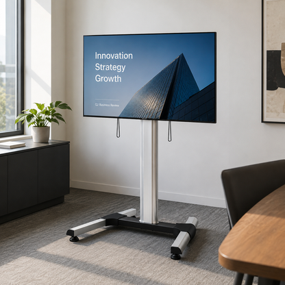 SH-64TFS heavy-duty flat panel TV floor stand with TV mounted in meeting room setting