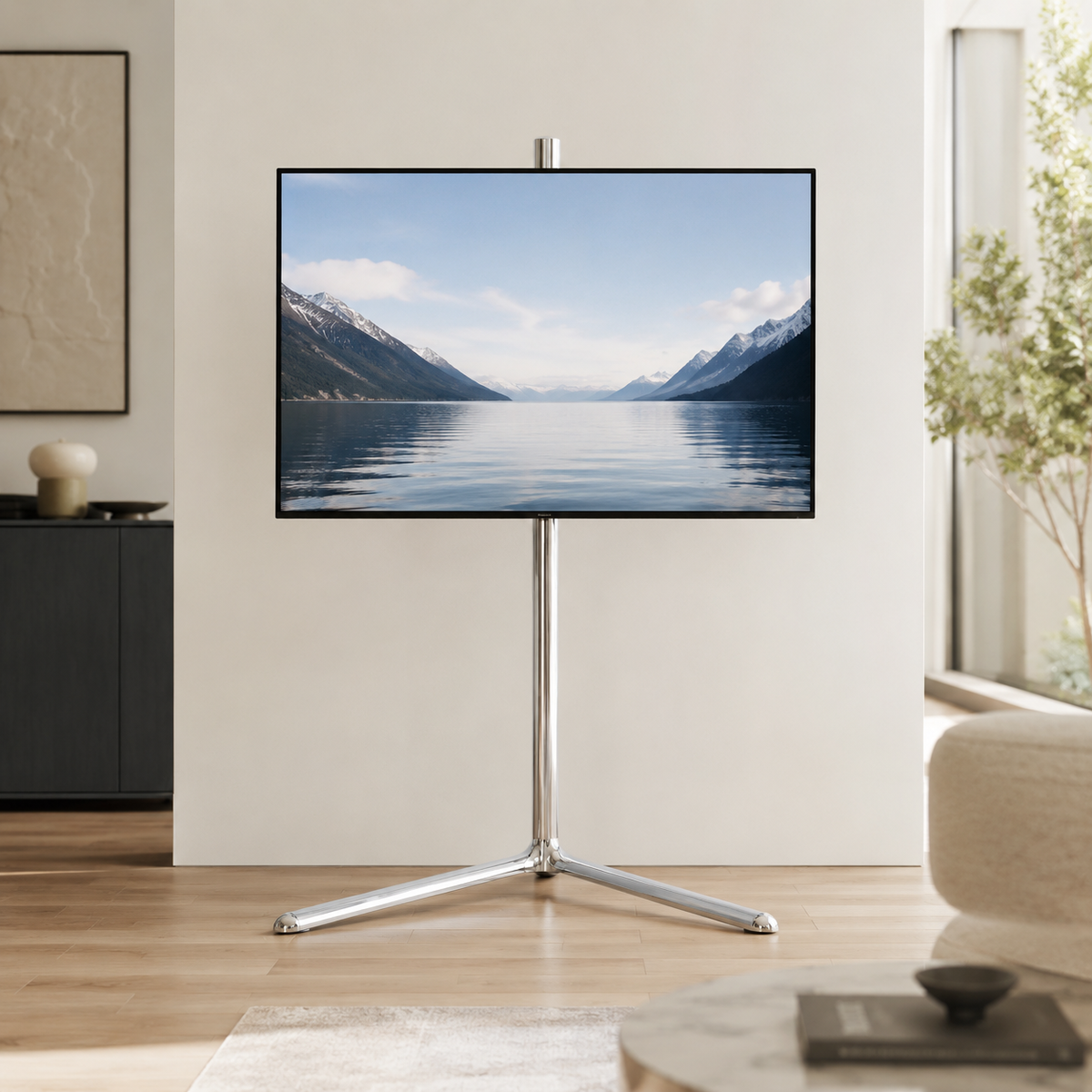 SH-ST46C chrome plated slender V-base studio TV floor stand with TV mounted in living room setting