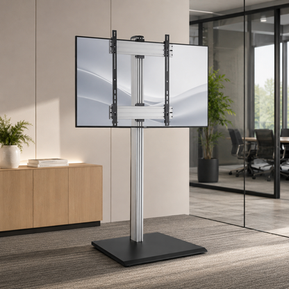 SH-TTL09-86FP heavy-duty interactive display TV stand with dual displays in office setting