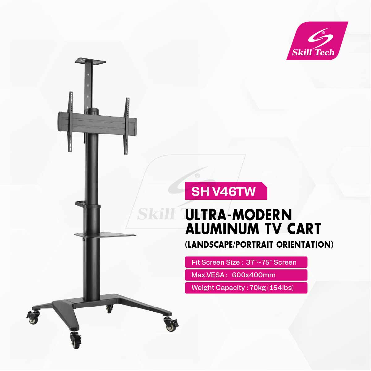 SH-V46TW ultra-modern aluminum TV cart, side profile view