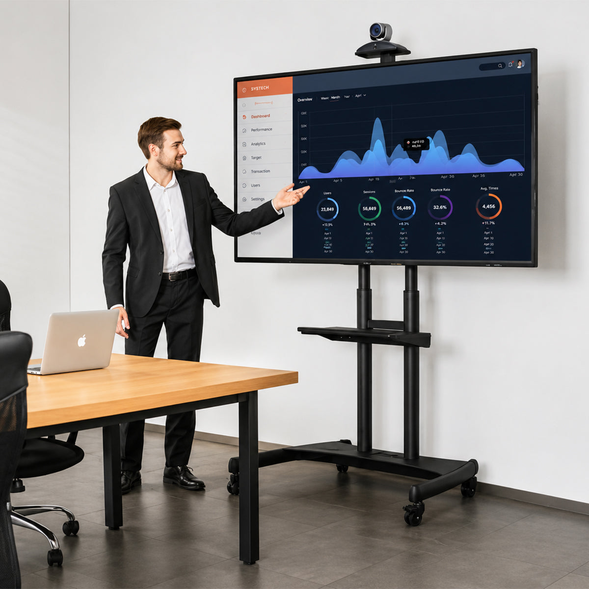AVA1800-70-1P TV trolley stand in use with a large display in a meeting room