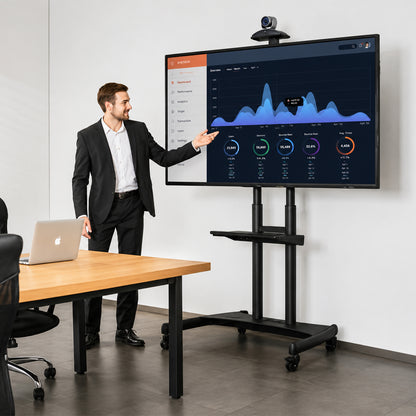 AVA1800-70-1P TV trolley stand in use with a large display in a meeting room