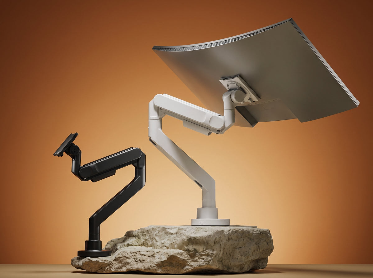 Two monitor arms in a studio product shot