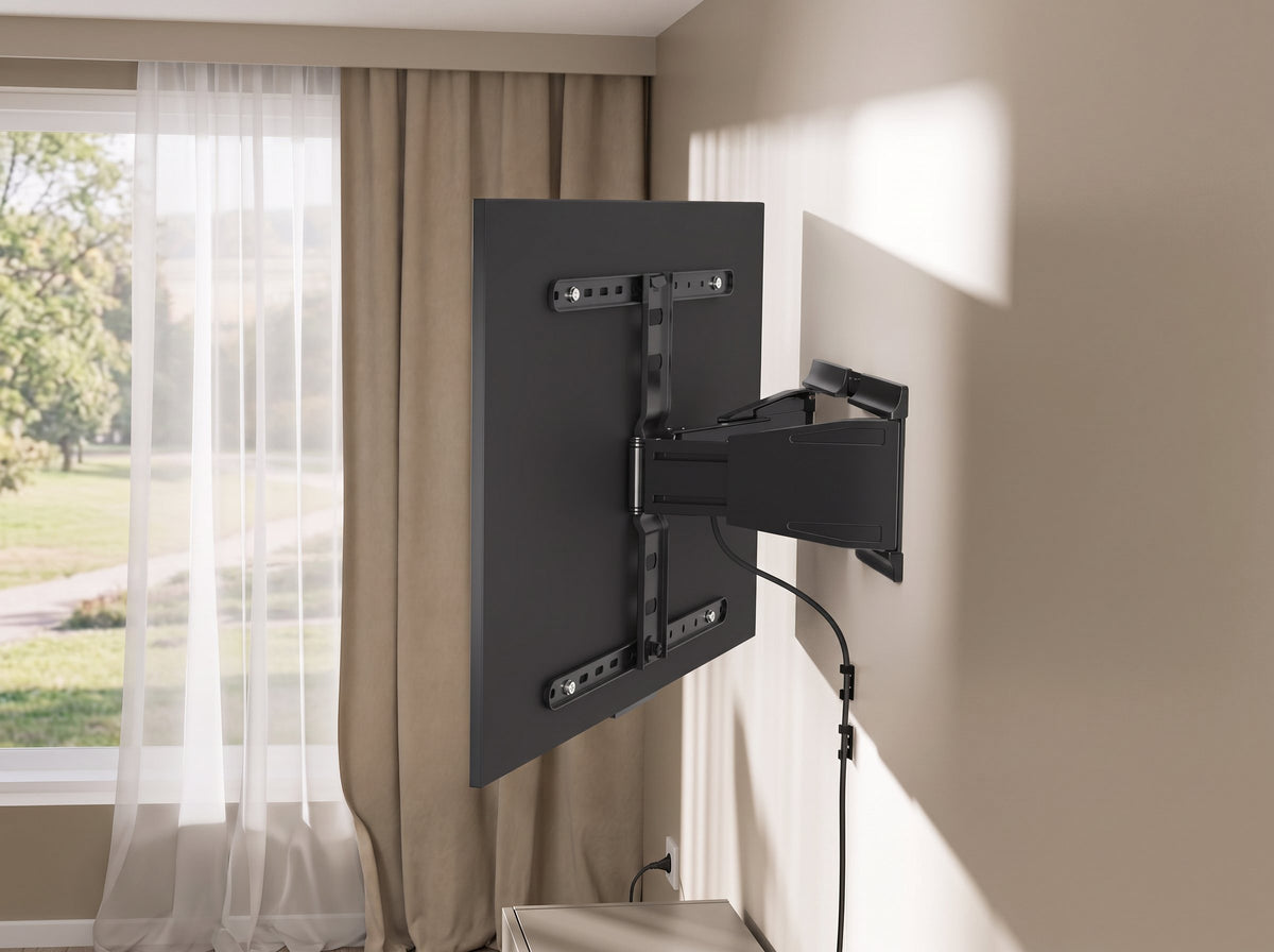 Full motion articulating TV wall mount extended from the wall in a bedroom