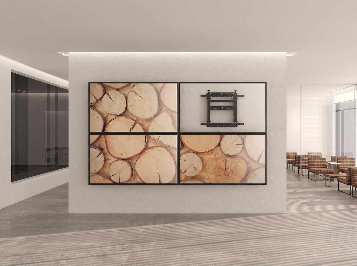 Video wall signage mount installation in a modern lounge space