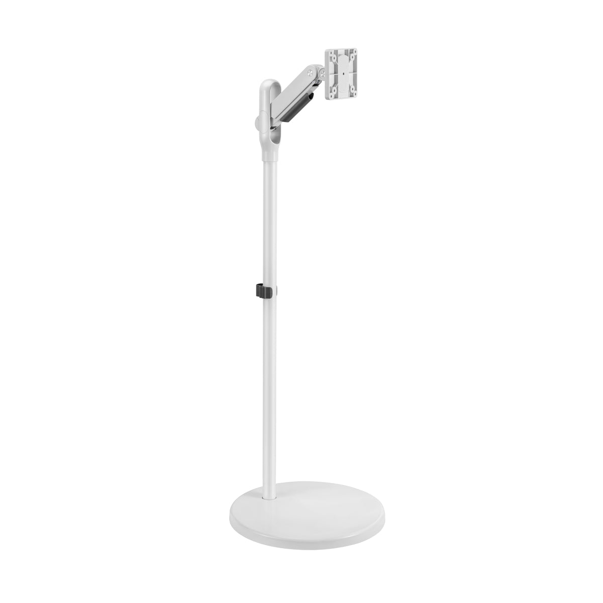SH38-11TW-FS matte white mobile spring-assisted display floor stand, front angle view