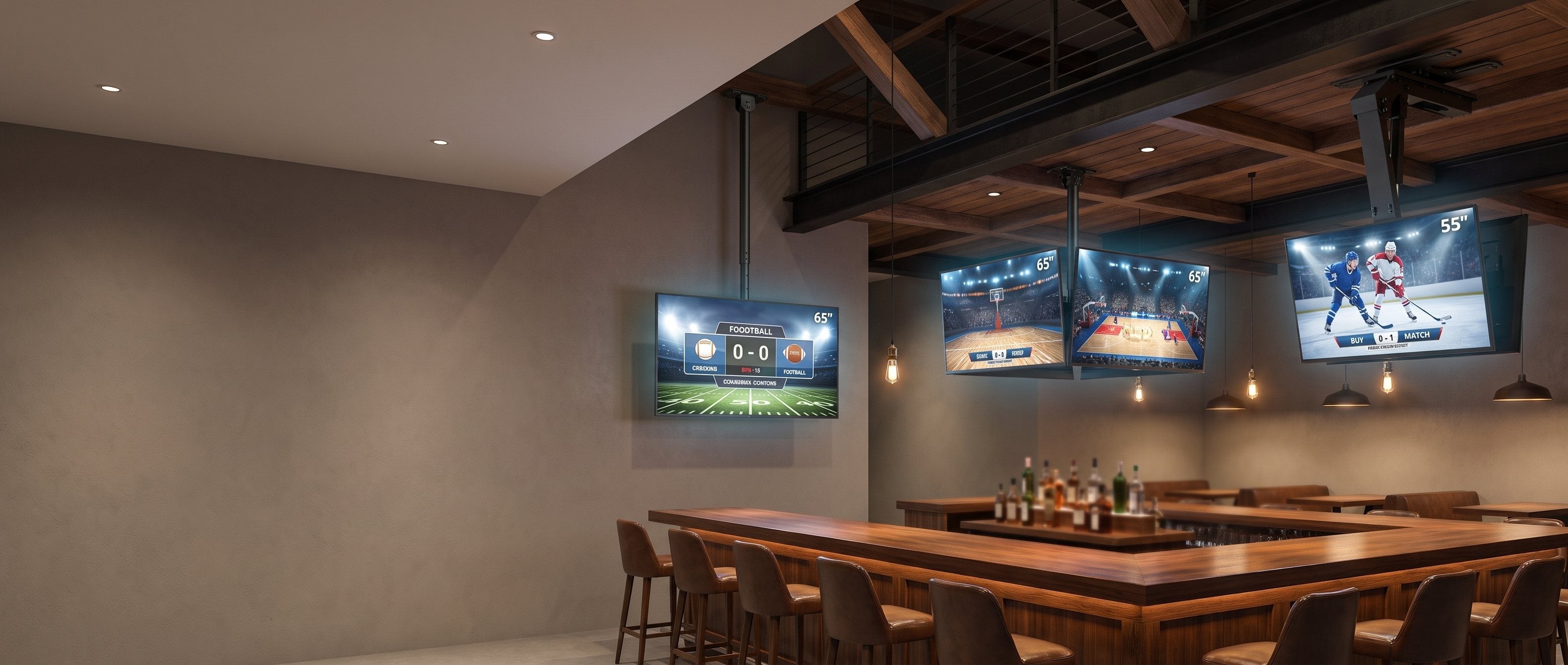 Range of VSYS ceiling TV mounts in a modern sports bar