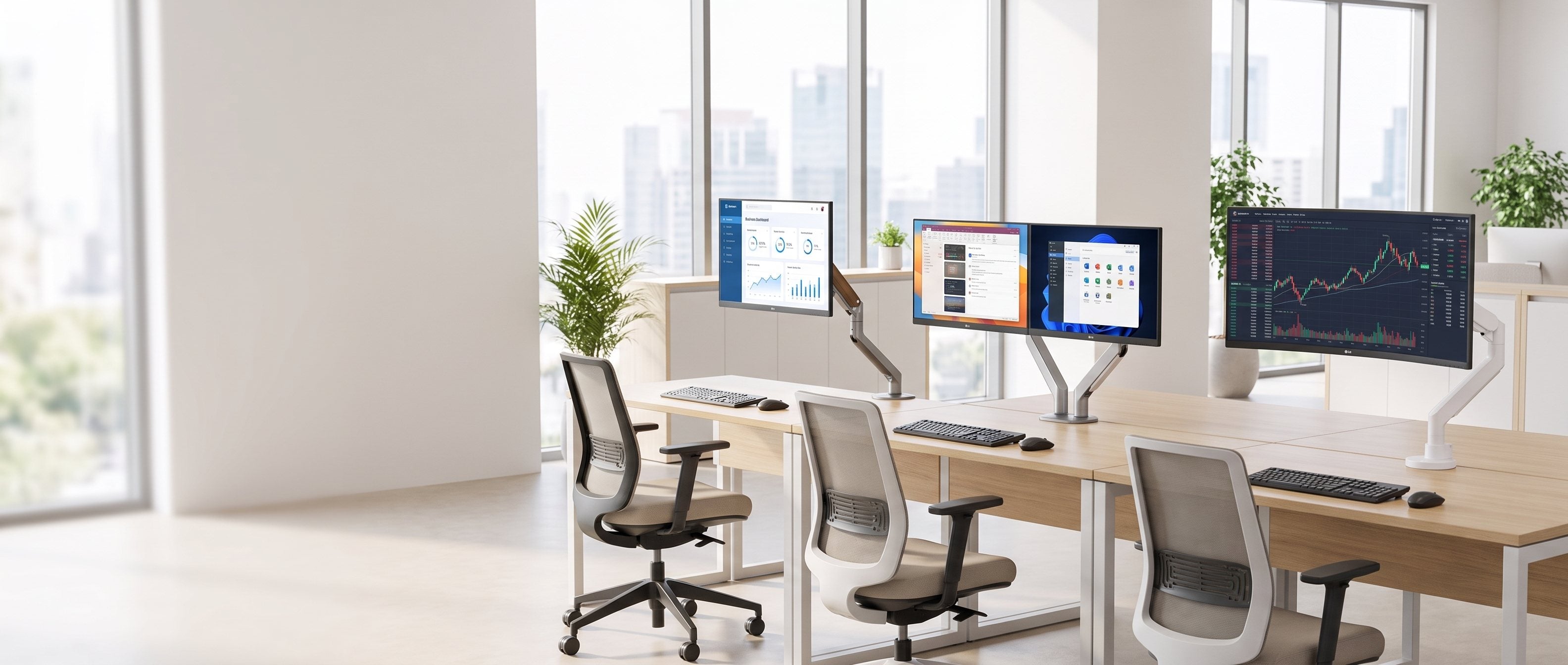 Ergonomic monitor arms range on desks in a corporate office