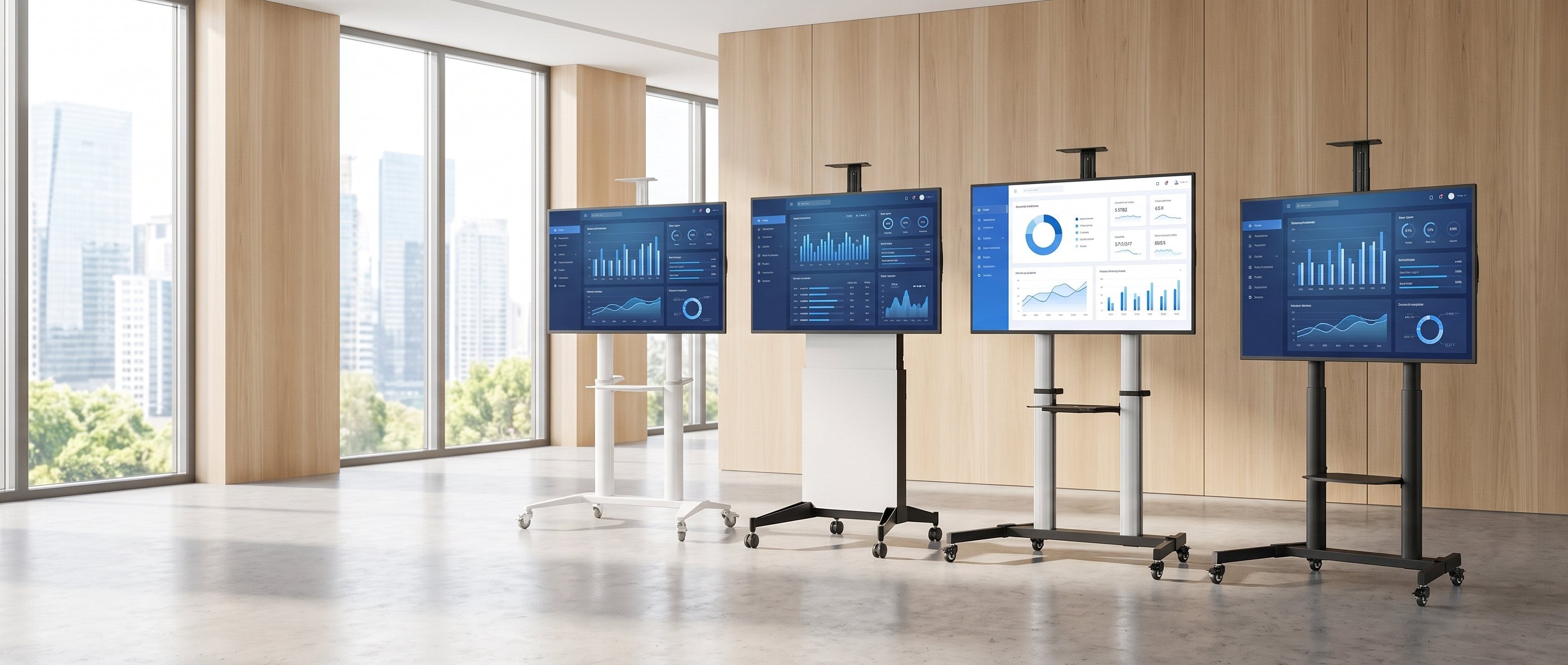 Range of VSYS mobile TV cart stands in a modern corporate office