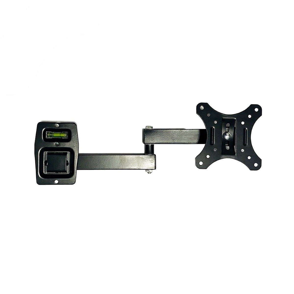 Full-Motion TV Wall Mount for 15-32 Inch TVs (PM-101PW), front angle view with bubble level accessory