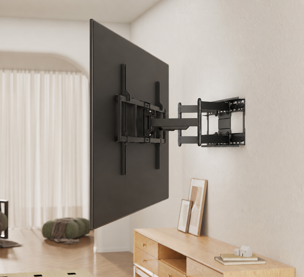 SH-126P heavy-duty full-motion TV wall mount installed with a large TV in a living room