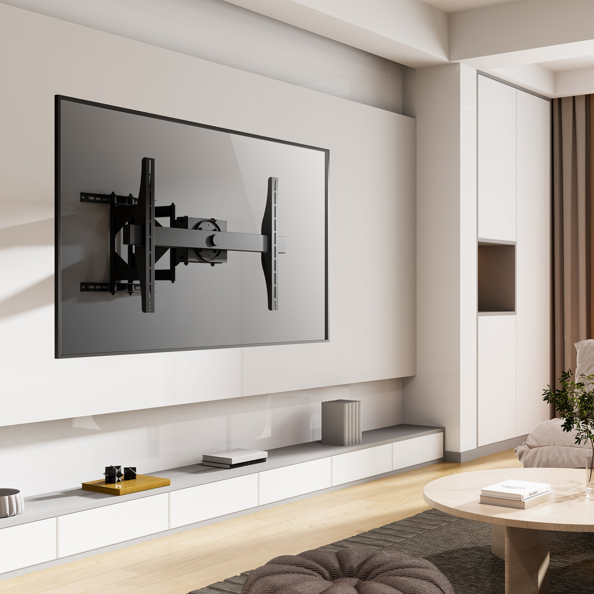 SH-380P heavy-duty full-motion TV wall mount installed with a large TV on a wall panel