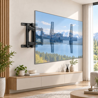 SH-380XL heavy-duty full-motion TV wall mount installed with a large TV in a living room