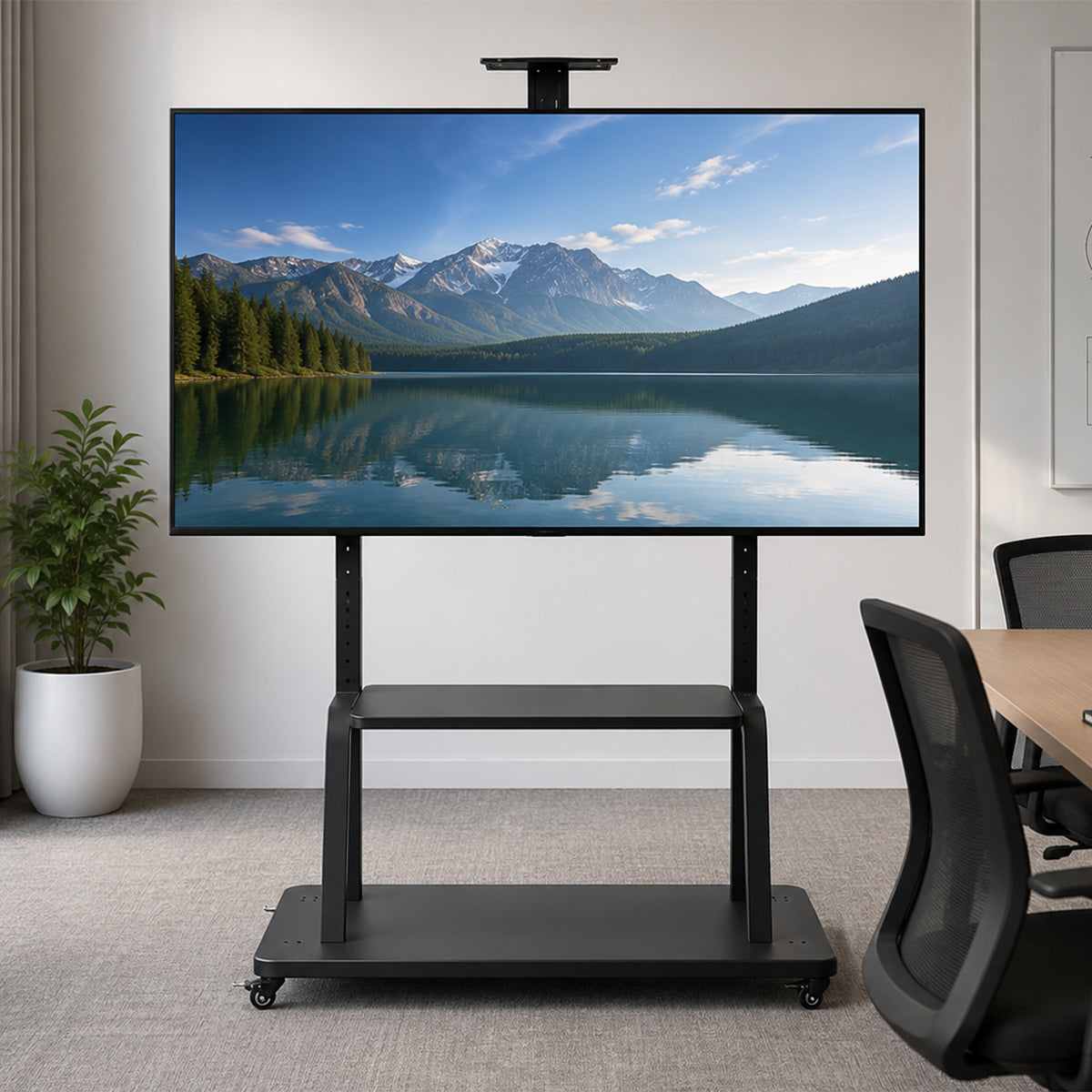 SH-2100-FS TV cart in use with a large display in a boardroom