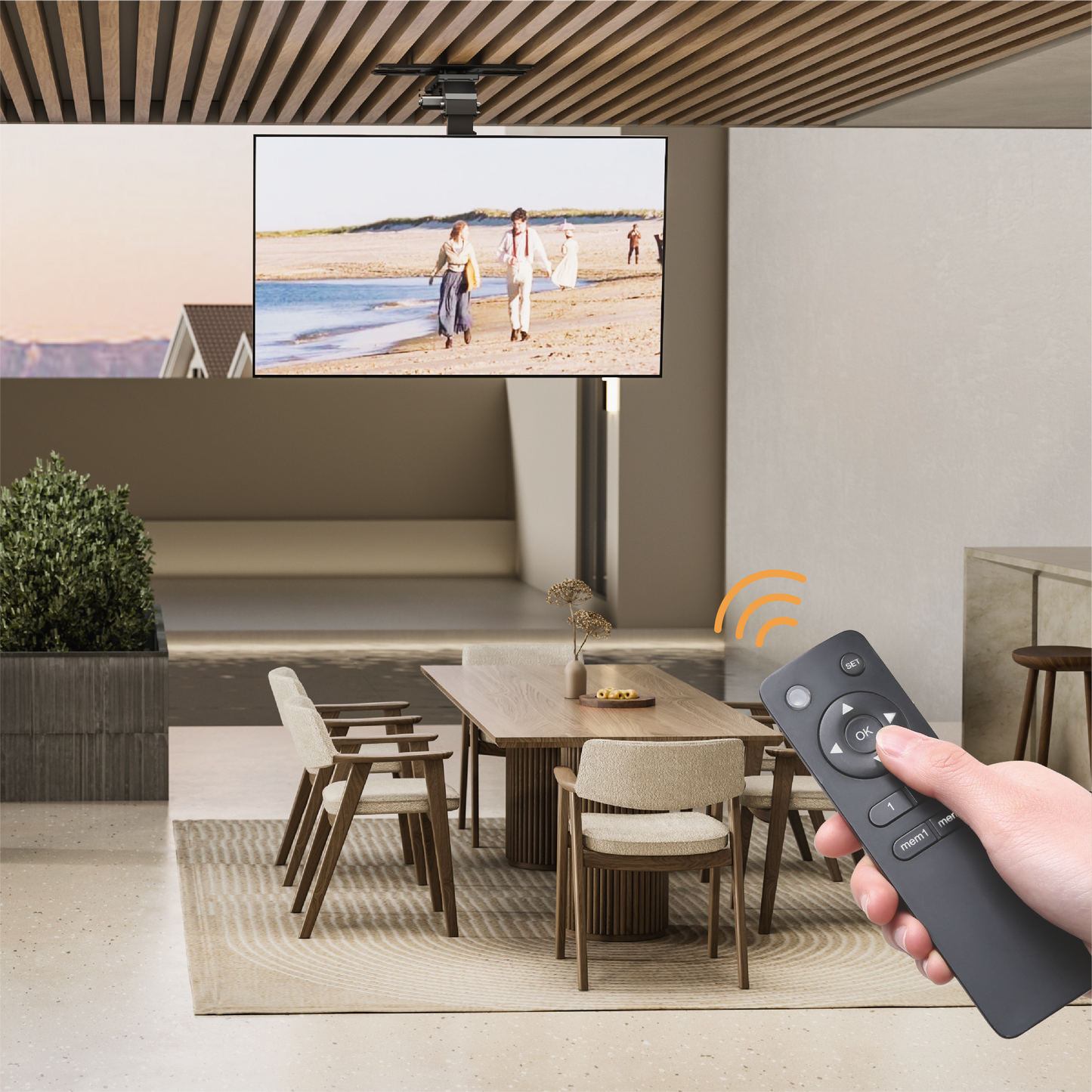 VSYS VCM-M0748DS mount installed on ceiling with remote control