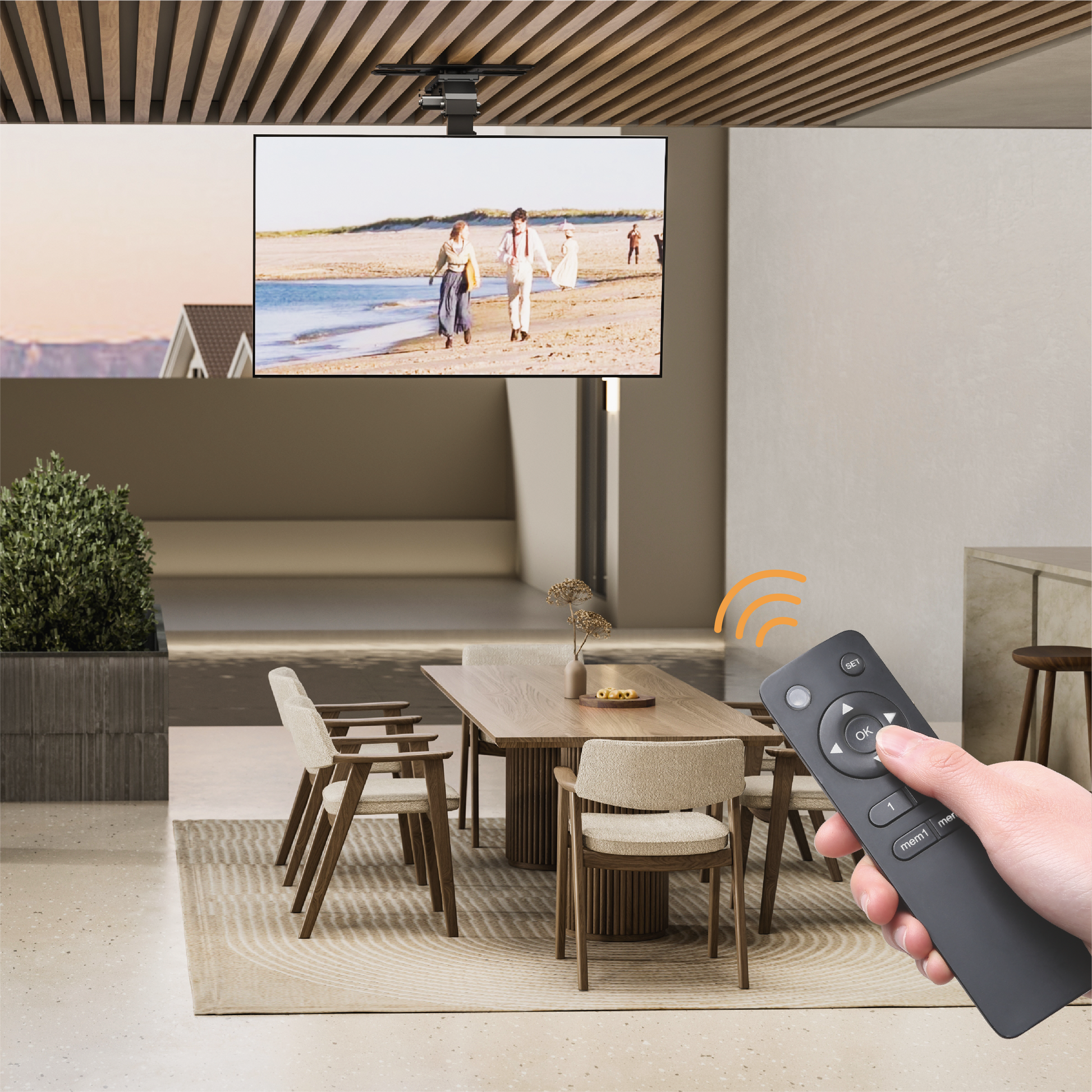 VSYS VCM-M0748DS mount installed on ceiling with remote control