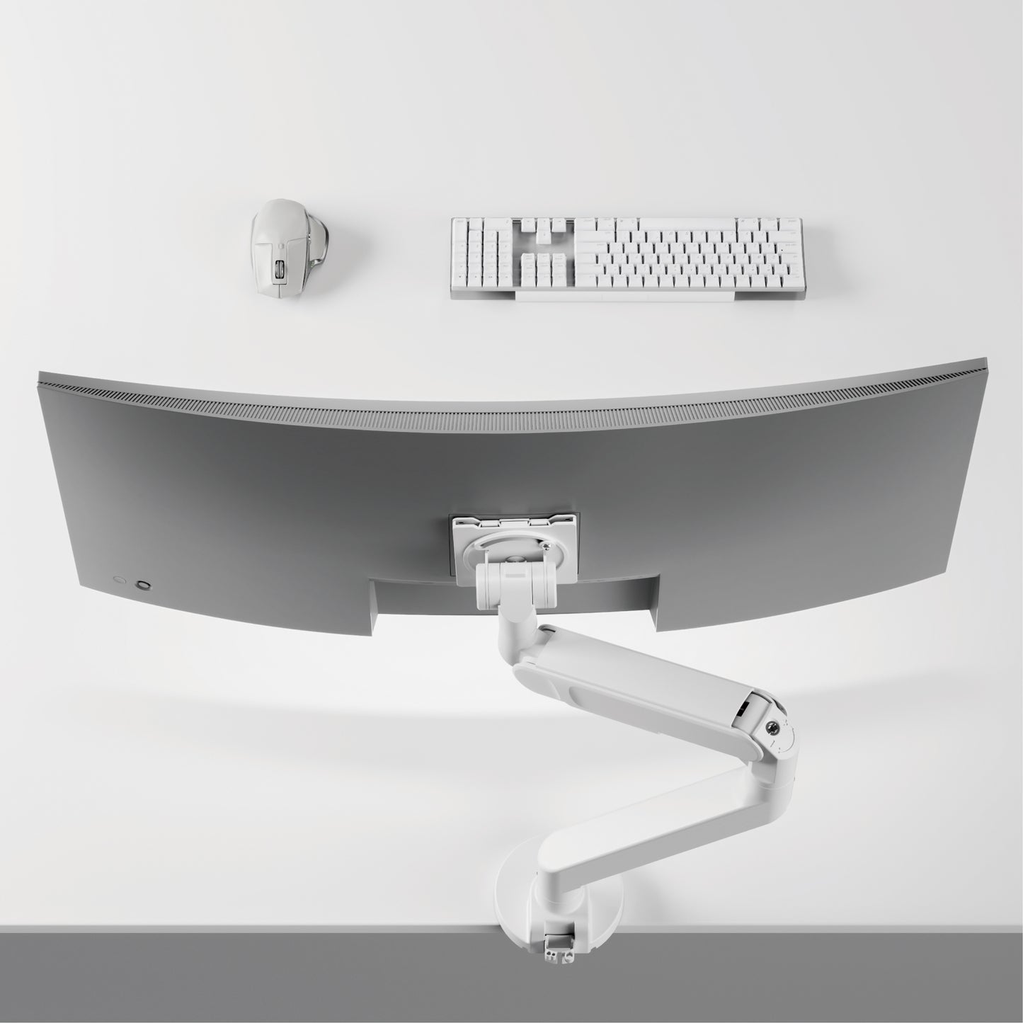 VSYS VMAD-C012WG monitor arm with an ultrawide monitor on a desk, top view