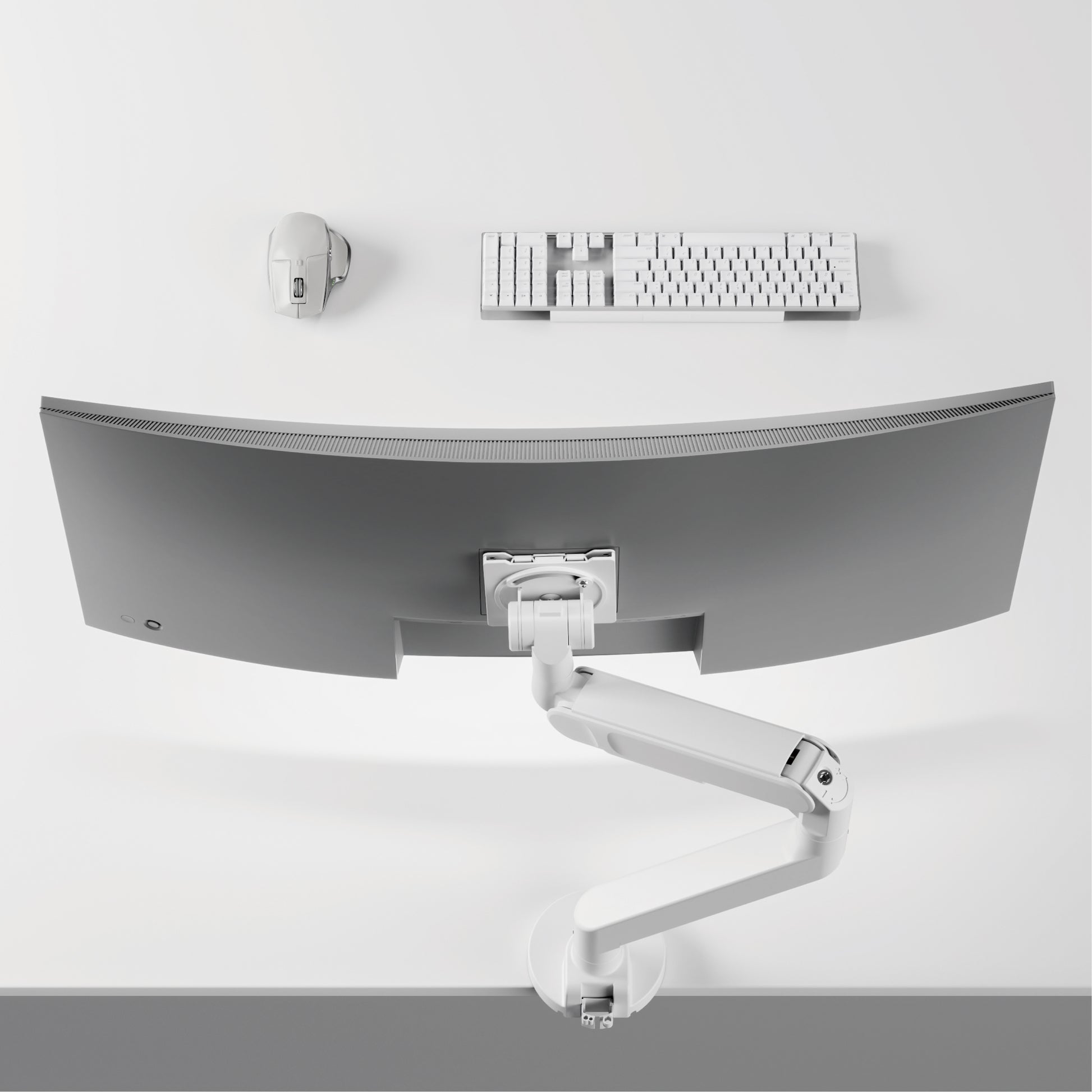 VSYS VMAD-C012WG monitor arm with an ultrawide monitor on a desk, top view