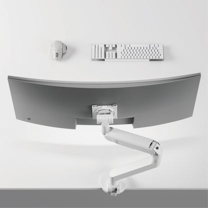 VSYS VMAD-C012WG monitor arm with an ultrawide monitor on a desk, top view