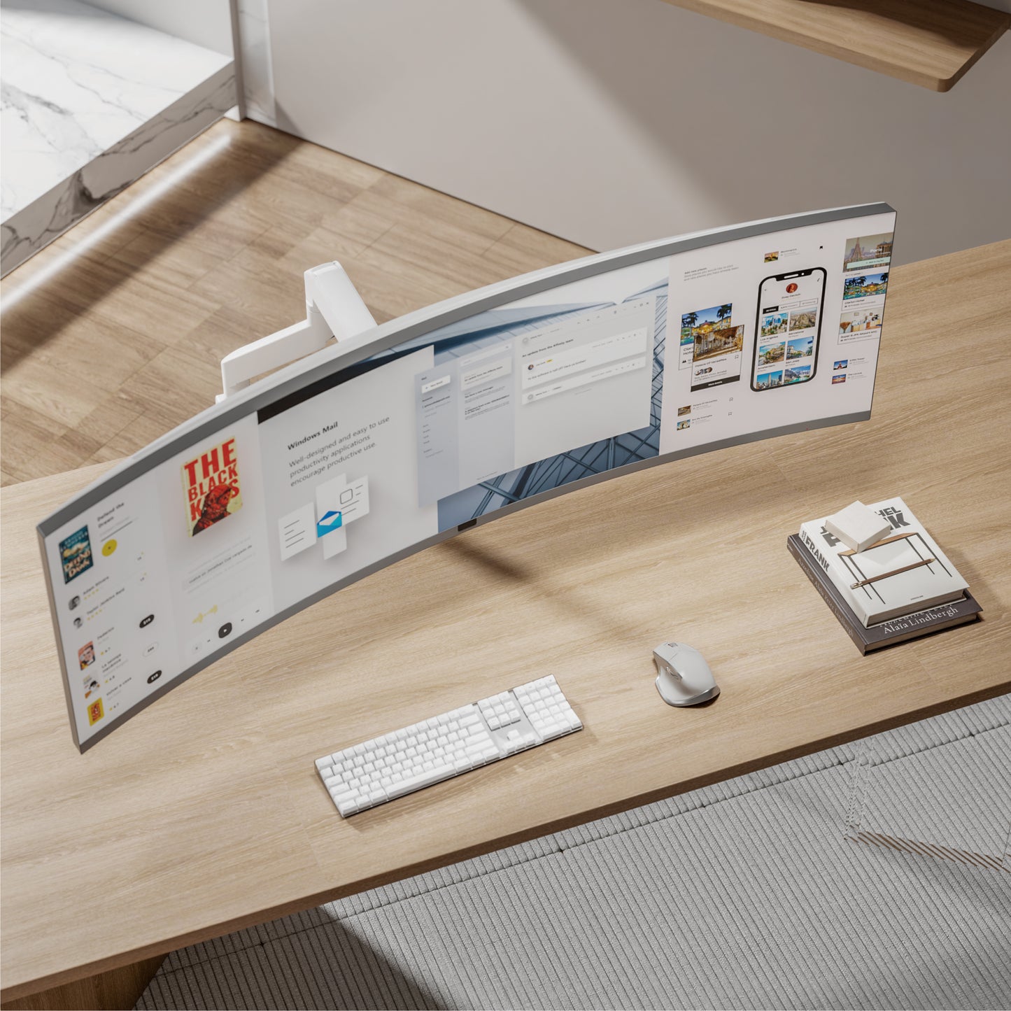VSYS VMAD-C012WG monitor arm with an ultrawide monitor in an office workspace
