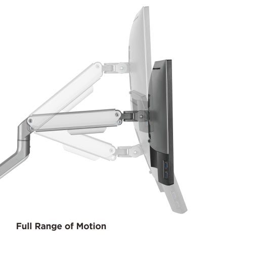 VSYS VMAE-C024WS dual monitor arm demonstrating full range of motion