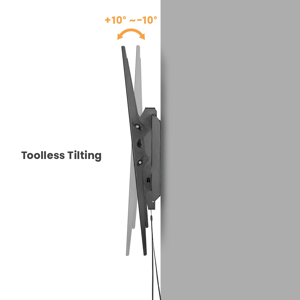 VSYS VS01A-46T tilt TV wall mount showing toolless tilt from plus 10 to minus 10 degrees