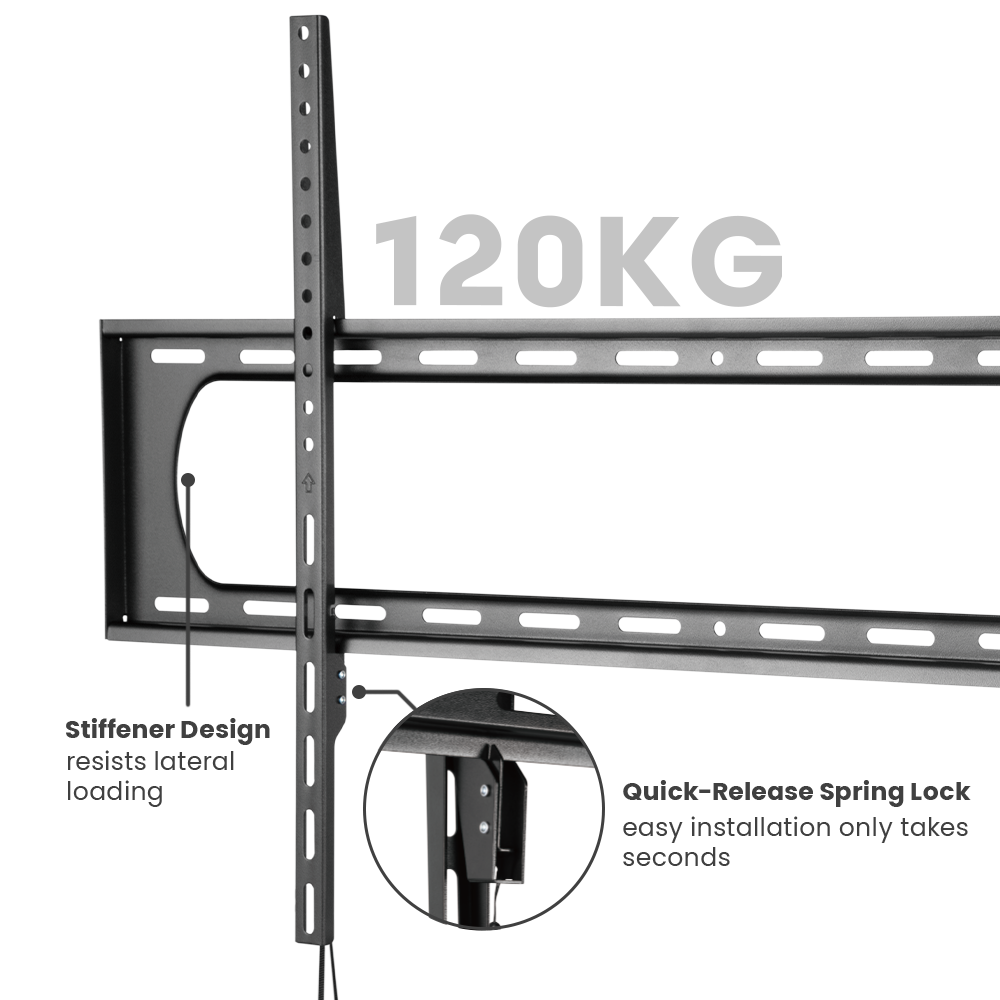 VSYS VS01A-69F large-format fixed wall mount, 120kg capacity, stiffener design and quick-release spring lock